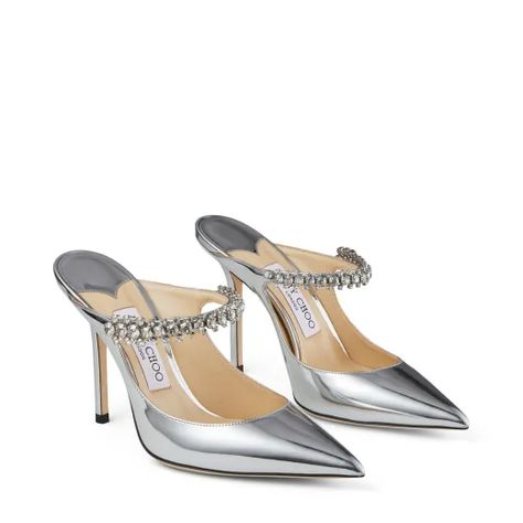 Silver Liquid Metal Leather Mules with Crystal Strap | BING 100 | Spring Summer 2021 | JIMMY CHOO Jimmy Choo Bing, Heels Luxury, Jimmy Choo Pumps, Embellished Shoes, Silver Pumps, Shoe Display, Silver Heels, Footwear Design Women, Jimmy Choo Shoes