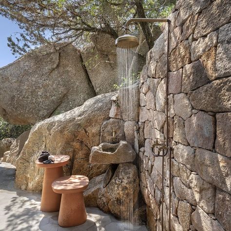 The Ethimo collections stand out for the noble materials they are made of. Fine woods, fibres, stones, concrete and fabrics create… | Instagram Outdoor Shower Stone Wall, Outdoor Shower Stone, Garden Water Feature, Outdoor Bathroom Design, Stone Shower, Natural Essence, Outdoor Showers, Outdoor Stone, Outdoor Bathroom