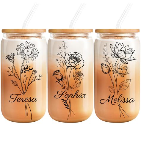 PRICES MAY VARY. Personalized Name Glass Cup: Customize 16oz iced coffee cup tumbler with names, Birth flower glass tumbler provides more than 12 styles to support you in choosing the one you like best, suitable for any occasion. Click the "Customize Now" button to bring a surprise to your loved one. Unique Birth Flower Gift: Gifts for Her, For whoever fond of floral decor, this iced coffee cup will definitely make her day.Perfect for birthdays, anniversaries, weddings, and any special occasion. Name On Cup Ideas, Glass Coffee Cup Design, Cups With Vinyl Cute Ideas, Cups With Names, Glass Cup Design, Glass Tumbler Design, Personalized Coffee Cup, Coffee Cup Design, Pretty Mugs