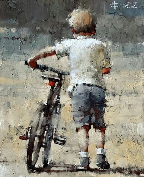 Andre Kohn Painting, Andre Kohn Art, Andre Kohn Fine Art, Andre Kohn, Figurative Artwork, Bicycle Art, Painting People, Impasto Painting, Kids Portraits