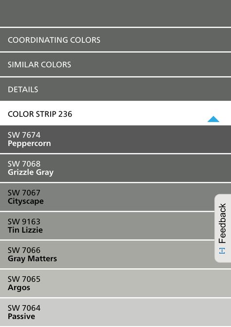 True grays (Sherwin Williams 236 Color Card) Peppercorn Sherwin Williams, Sherwin Williams Peppercorn, Benjamin Moore Wrought Iron, Color Spotlight, Most Popular Paint Colors, Sherwin Williams Gray, Zyla Colors, Popular Paint Colors, Farmhouse Paint Colors