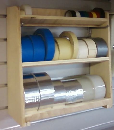 Tape Organization, Garage Organization Ideas Diy, Officine In Garage, Basement Workshop, Tape Storage, Workshop Organization, Garage Storage Organization, French Cleat, Woodworking Workshop