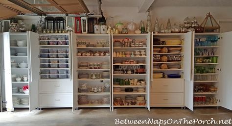 THIS IS WHAT I HAVE BEEN DREAMING OF! Cabinet Storage for Dishware, Glassware, Flatware and Napkins Glass Cabinet Organization, Dish Storage Ideas, Storage In Garage, China Storage, Garage Renovation, Holiday Storage, Dish Storage, Glassware Storage, Garage Makeover