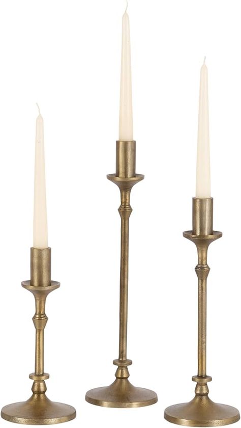 Amazon.com: Kate and Laurel Lahari Vintage Three-Piece Taper Candle Holder Set, Set of 3, Antique Brass, Metal Cast Aluminum Candlestick Holders for Dining Table or Fireplace Mantel Display : Home & Kitchen Vintage Candelabra Decor, Candle Stick Decor Ideas, Candelabra Decor, Fireplace Candlesticks, Antique Candle Holders, Candle Stick Decor, Taper Candle Holder, Antique Brass Metal, Brass Candle Holders