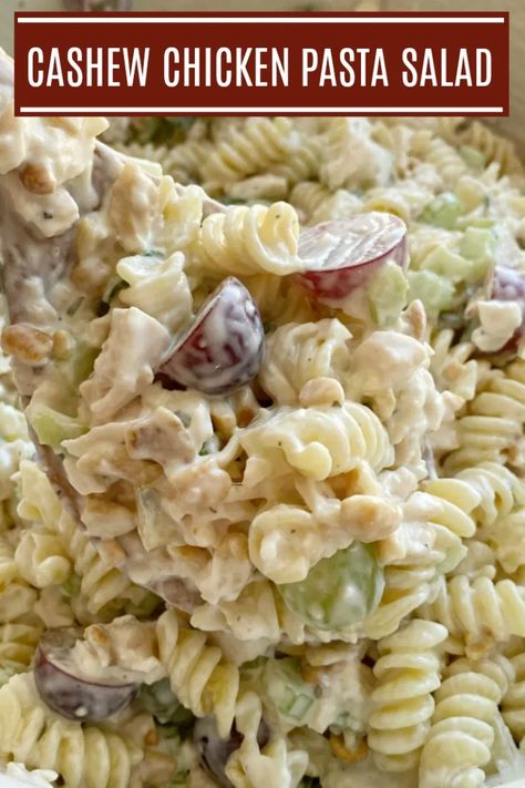 Chicken Pasta Salad Recipe | Cashew Chicken Pasta Salad is a creamy pasta salad recipe that's full of texture and flavor. Grapes, pineapple tidbits, celery, green onion, cashews, and chicken in a creamy ranch dressing sauce and spiral pasta noodles. #pastasaladrecipes #chickenpastasalad #chickensalad #saladrecipes #sidedish Chicken Pasta Salad With Grapes, Creamy Pasta Salad Recipe, Pineapple Tidbits, Creamy Pasta Salad, Ranch Dressing Recipe Homemade, Chicken Pasta Salad Recipes, Summer Pasta Salad Recipes, Cashew Chicken Recipe, Creamy Pasta Salads