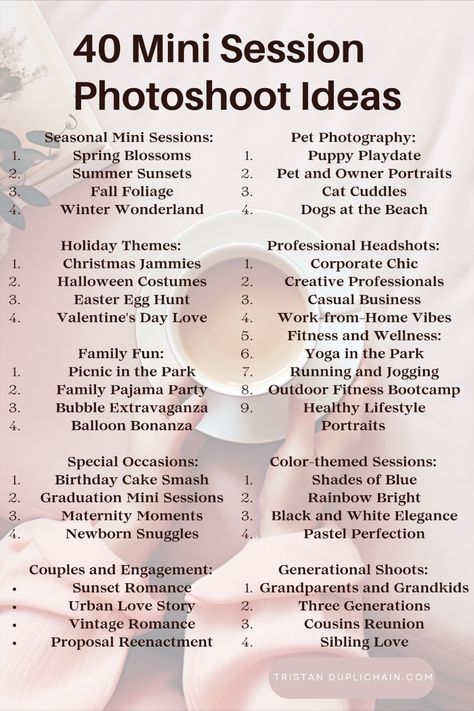 Mini Photo Session Ideas January, Marketing Ideas Photography, Photo Session Theme Ideas, Photo Session Giveaway Ideas, Mini Photo Session Advertisement, Lightroom Cheat Sheet Photo Editing, Practice Photography Ideas, Do Your Own Photoshoot, Photography Words To Use