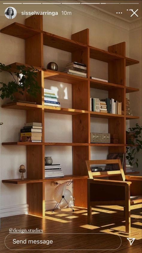 Modern Wood Shelving, Custom Book Shelf, Diy Open Bookshelf, Mcm Shelving, Mcm Bookshelf, Floor To Ceiling Shelving, Mcm Aesthetic, Mid Century Shelves, Mid Century Bookshelf