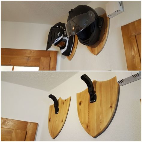 Diy Helmet Rack, Motorcycle Helmets Diy, Bike Helmet Storage, Barn Shop Ideas, Americana Living Rooms, Homemade Gifts For Men, Helmet Stand, Helmet Rack, Diy Hat Rack