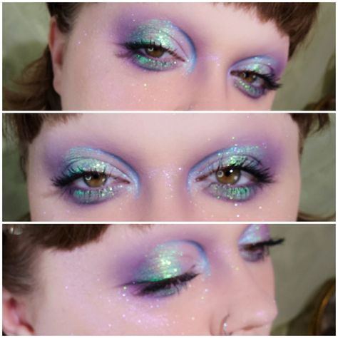 Purple And Teal Makeup Looks, Pink Iridescent Eye Makeup, Blue Iridescent Makeup, Bold Colorful Makeup, Creative Colorful Makeup, Colorful Eyeshadow Makeup, Multi Chrome Eyeshadow Looks, Oil Slick Makeup, The Last Unicorn Makeup