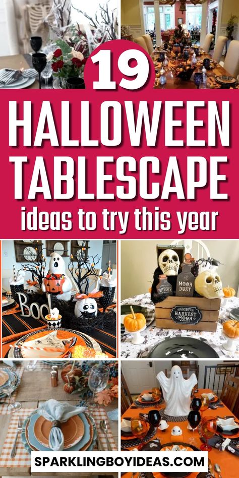 19 Elegant Halloween Tablescape 22 Fall Halloween Tablescapes, Halloween Tablescapes Dining Room, Elegant Halloween Decor Diy, Halloween Tablescape Ideas, Halloween Table Decorations Centerpieces, Halloween Pumpkin Painting Ideas, Halloween Dinnerware, Halloween Candelabra, Halloween Pumpkin Painting