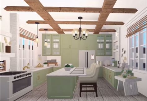 Beach Kitchen Ideas Bloxburg, Bloxburg House Ideas Sage Green, Bloxburg Kitchen Green, Sage Green Bloxburg House, Green Bloxburg Kitchen, Green Bloxburg House, Beach Kitchen Ideas, House Plans With Pictures, House Decorating Ideas Apartments