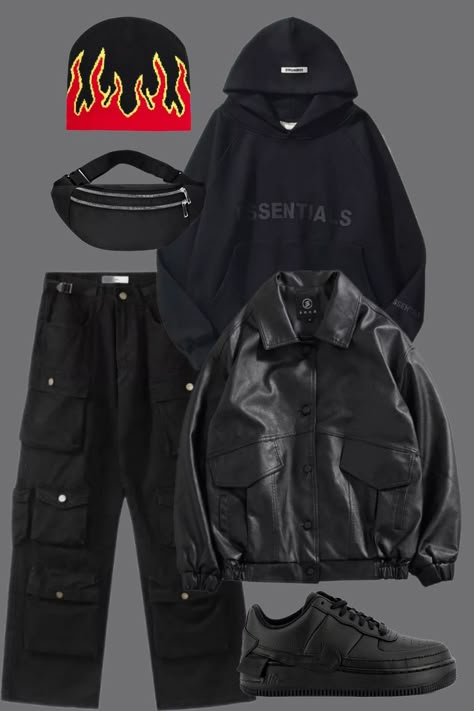 Black Hoodie Outfit Korean, Black Hoodie And Cargo Pants, Baggie Hoodie Outfit, Leather Jacket Over Hoodie, Black Oversized Jacket Outfit, Leather Jacket Hoodie Outfit, Styling Black Cargo Pants, Jeans Hoodie Outfit, Black Cargos Outfit