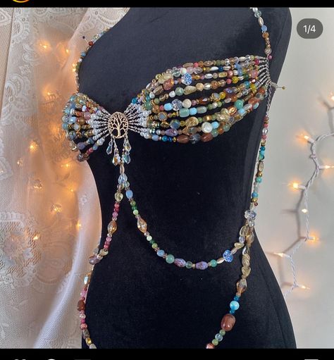 Mermaid Core Top, Beaded Bra Outfit, Rainbow Fish Costume, Bead Skirt, Bead Threading, Beaded Bra, Rave Concert, Bead Bra, Fish Costume