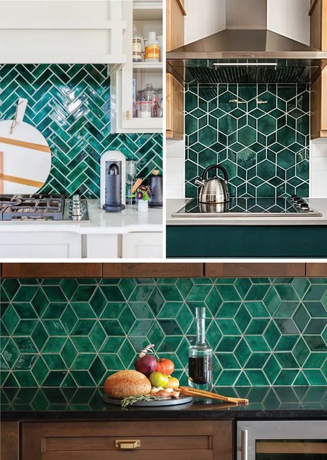 Emerald Tile Trend for 2023 Kitchen Tiles 2023, Backsplash Tile Trends 2023, Blue Green Tile Backsplash Kitchen, Fun Backsplash Tile, Kitchen Backsplash Trend 2023, Mixed Tile Backsplash, Green Backsplash Tile Kitchen, Emerald Green Kitchen Backsplash, 2023 Kitchen Tile Trends