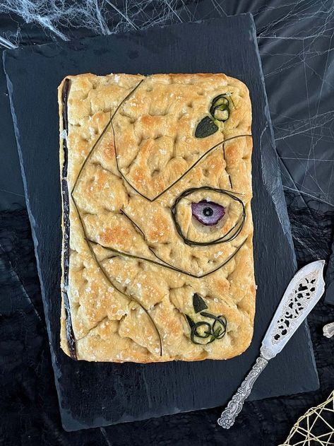 Halloween Focaccia, Focaccia Bread Art, Halloween Soup, Hocus Pocus Spell, Hocus Pocus Spell Book, Halloween Themed Food, Charcuterie Spread, Red Onion Relish, Bread Art