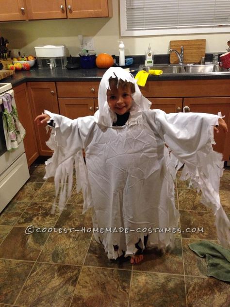 My son wanted to be a ghost for Halloween. My husband was excited since he thought, hey, super easy-just take a sheet and cut two eye holes. But I did not Easy Ghost Costume, Ghost Costume Kids, Ghost For Halloween, Boys Costumes, Ghost Halloween Costume, Ghost Diy, Homemade Costume, Ghost Costume, Homemade Costumes