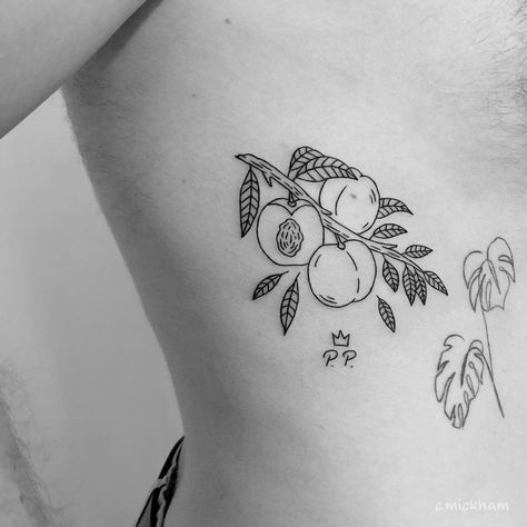 Peach Branch Tattoo, Peach Pit Tattoo, Apricot Tattoo, Peach Tree Tattoo, Peaches Tattoo, Peach Tattoos, Pit Tattoo, Fruit Tattoos, Linework Tattoo Design