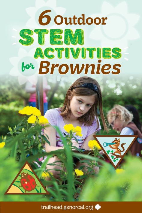 Whether you’re on a troop camping trip in the woods or in the backyard with your girl, the outdoors is a great place for girls to develop their STEM skills. Here are 6 Brownie badges and awards that girls can earn as they explore nature. Girl Scout Brownies Meetings, Girl Scout Brownie Badges, Brownies Girl Guides, Girl Scout Daisy Activities, Girl Scout Meeting Ideas, Brownie Badges, Girl Scout Troop Leader, Girl Scouts Brownies, Brownie Scouts