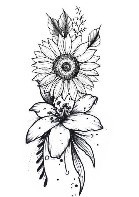 Sunflower Rose And Lily Tattoo, Sunflower Forearm Tattoo Women, Sunflower Tattoo Stencil, Lillies Tattoo, Lily Flower Tattoos, Floral Thigh Tattoos, Beautiful Flower Tattoos, Flower Tattoo Shoulder, Forearm Tattoo Women