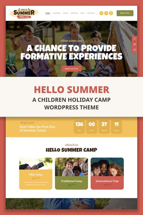 Hello Summer – A Children’s Camp WordPress Theme Camp Website, Camping Business, Summer Camps For Kids, Homepage Design, First Day Of Summer, Day Camp, Free Camping, Camping Theme, Camping With Kids