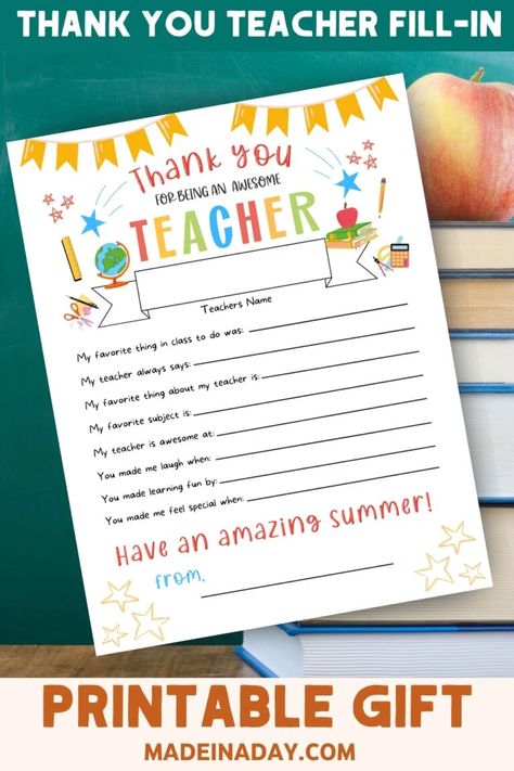 This fun thank you teacher printable card is the perfect gift to show you appreciation and gratitude to the person who inspires you the most. Just fill in the blanks! Teacher appreciation printable, all about my teacher free printable, free printable thank you teacher printable, thank you teacher printable Free Thank You Teacher Printables, Free Printable Teacher Appreciation Card, Teacher Appreciation Free Printables Gift Card, Best Teacher Ever Printable, Teacher Appreciation Fill In The Blank, Teacher Amazon Gift Card Printable, All About My Teacher, About My Teacher, Teacher Gift Tags