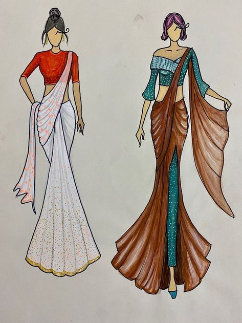 Sari Illustration Sketch, Saree Drawing Illustration, Saree Sketches Fashion Illustration, Indo Western Illustration, Indo Western Dress Illustration, Dress Sketching, Saree Illustration, Indo Western Saree, Indo Western Outfits For Women