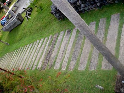 railroad tie path Railroad Ties Landscaping, Railroad Decor, Rv Barn, Bali Landscape, Natural Playscapes, Backyard Improvements, Railroad Tie, Railroad Ties, Bali Design