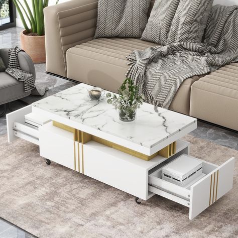 Faux Marble Coffee Table, Elegant Coffee Table, Marble Top Coffee Table, Coffee Table Rectangle, Caster Wheels, Sofa End Tables, Contemporary Coffee Table, Living Room White, Contemporary Luxury