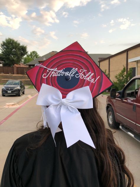 Cap And Gown Senior Decoration, Napoleon Dynamite Graduation Cap, Red Graduation Cap Decoration, Vienna Graduation Cap, Bow Grad Cap, Senior Hat Ideas, Red Graduation Cap Ideas, Book Grad Cap, Dance Graduation Cap