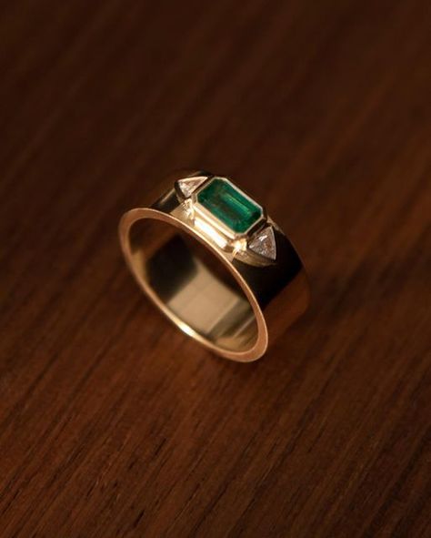 AZLEE on Instagram: "Ancient motifs and elegant geometric lines enhance the beauty of the central emerald stone. Set on a wide, masculine band, a signature modern design element.⁠ ⁠ #AzleeJewelry #emerald #emeraldring #goldjewelry" Masculine Engagement Rings, Grandma Ring, Azlee Jewelry, Ancient Motifs, Emerald Ring Design, Dream Proposal, Mens Rings, Emerald Stone, Geometric Lines