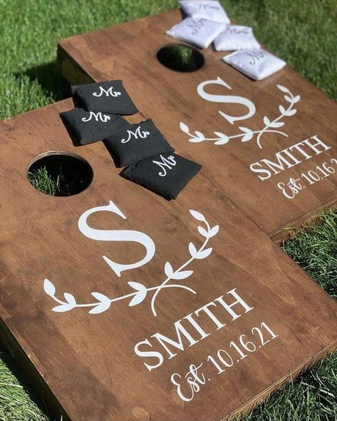 Wedding Bag Boards Corn Hole, Wedding Reception Cornhole, Cornhole Boards Diy Wedding, Engagement Party Yard Games, Wedding Bags Boards, Rustic Cornhole Boards, Cornhole For Wedding, Personalized Corn Hole Boards, Custom Wedding Cornhole