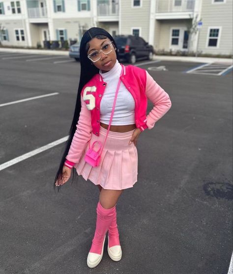 Cute Birthday Outfits For School Casual, Custom Barbie Outfit, Pink Birthday Outfit 13, Pink Varsity Jacket Outfit Black Women, Back To School Outfits Black Women Pink, Pink Birthday Outfit School, Birthday Outfits 12-14, Pink Birthday Outfit Ideas Winter, Birthday Outfit School Appropriate