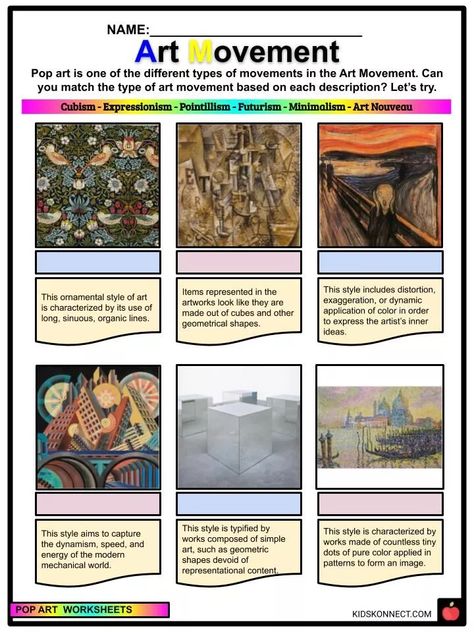 Art History Worksheets Middle School, Middle School Comic Strip Art Lesson, Art History Worksheets, Pop Art Middle School Projects, Pop Art Lesson High School, Pop Art Lessons For Middle School, Kids Facts, Primary School Activities, Art Facts