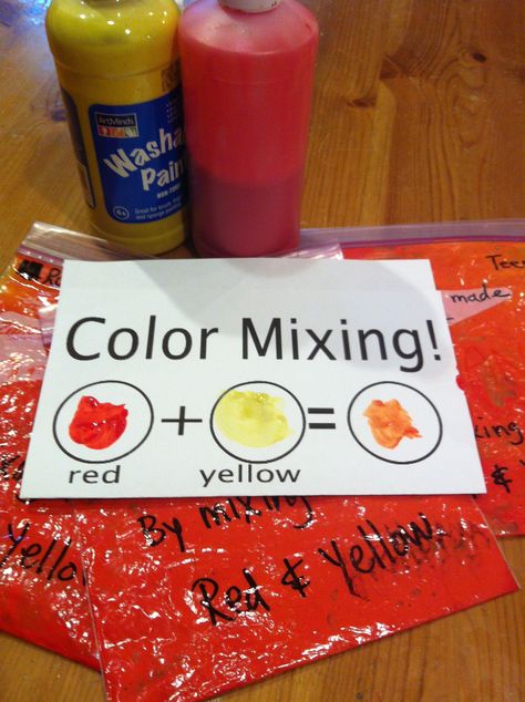 Color Orange. Preschool science. Color mixing in a bag! Red+Yellow=orange. fine motor Orange Theme Activities Preschool, What Two Colors Make Orange, Orange Week Preschool, Pre K Orange Activities, Red And Orange Crafts For Toddlers, Color Red Activities For Preschool Art Projects, Orange Colour Craft Preschool, Orange Craft Preschool, Orange Activity For Preschool