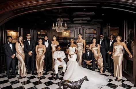 Black White And Gold Wedding Party, Black And Gold Wedding Bridesmaids, Wedding Color Schemes Black People, Black White Champagne Wedding, Black And Champagne Wedding Colors, Champagne And Black Wedding, White And Champagne Wedding, Black White Gold Wedding Theme, Black And Gold Wedding Theme