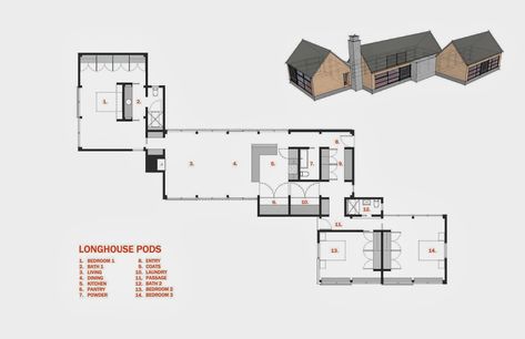 Longhouse Long House Design, Long House Plans, House And Floor Plan, Dogtrot House Plans, Acorn House, Long Narrow Living Room, House Design Plans, Miami Modern, Narrow House Plans