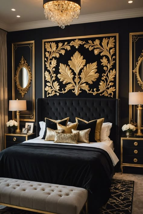 20 Stunning Black And Gold Bedroom Ideas – ToolzView Black And Gold Bedroom Ideas, Black And Gold Bedroom, Black White And Gold Bedroom, Gold Bedroom Ideas, Dark Romantic Bedroom, Bed Peace, Grey And Gold Bedroom, Black Gold Bedroom, Gold Bedroom Decor