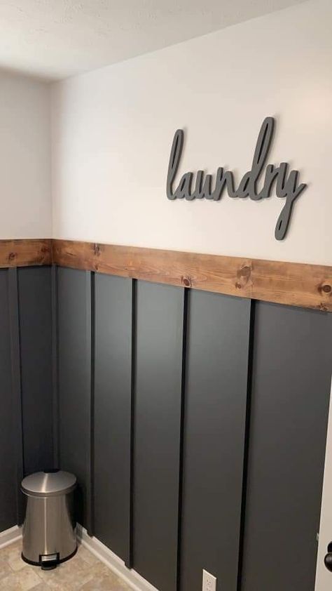 Laundry Room With Wood Paneling, Dark Interior Paint Ideas, Sage Green And Black Laundry Room, Laundry Accent Wall Ideas, Black Slat Wall Bathroom, Painted Beadboard Walls Living Room, Wood Accent Wall Laundry Room, Black Wainscoting Kitchen, Laundry Room Black Wall