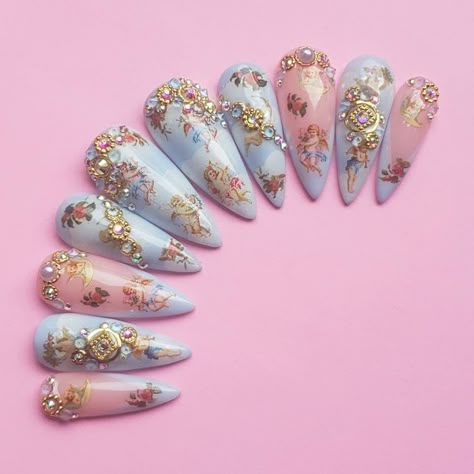 Royalcore Nails, Cherub Nails, Rococo Nails, Beach Nails Art, Spring Nail Ideas, 2023 Nail, Angel Nails, Nails Art Ideas, Fantasy Nails