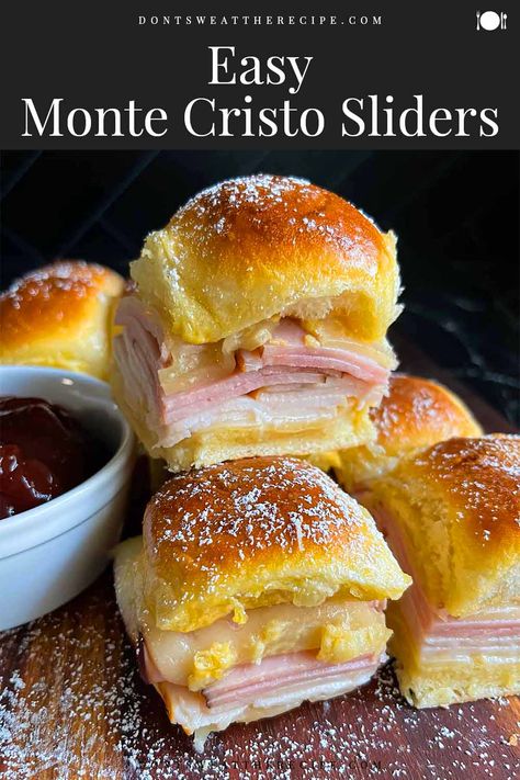 Monte Cristo Sliders, Ham Sliders, Sweet Dinner Rolls, Turkey Sliders, Monte Cristo Sandwich, Christmas Punch Recipes, Burger Dogs, Turkey Cheese, Mini Sandwiches