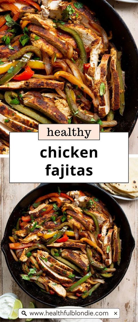 These easy skillet chicken fajitas are ready in under 30 minutes and packed with 38 grams of protein per serving. The lean chicken breasts stay extra juicy, and the fresh veggies are super flavorful. Enjoy them as tacos, in a salad, or with rice for a quick weeknight Mexican dinner or meal prep. This is a family favorite recipe and I promise you cannot tell they are healthy! Chicken Tenderloin Fajitas, Easy Mexican Meal Prep, Super Healthy Chicken Recipes, Chicken Fajita With Rice, Healthiest Chicken Recipes, Healthy Family Dinners On A Budget, Lean Diet For Women, Chicken Meal Prep Healthy, Mexican Healthy Recipes