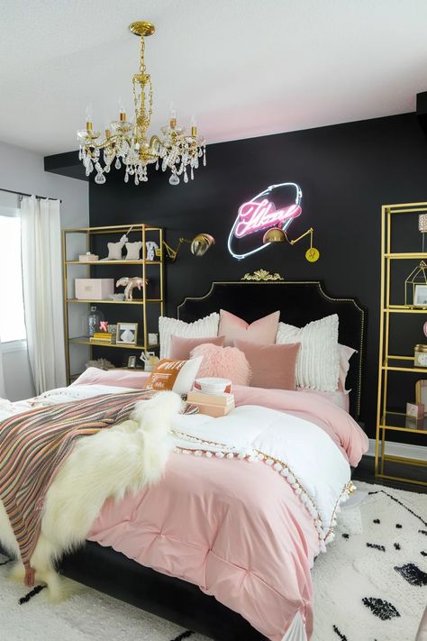 10+ Dreamy Basement Bedroom Ideas to Transform Your Space - Vividly Aesthetic Teen Room Wallpaper Accent Wall, Gold And Black Room Ideas, Black Gold And Pink Bedroom, Black And Pink Interior Design, Black Pink Gold Bedroom, Black Pink And Gold Bedroom, Teen Accent Wall Bedroom, Pink Black And Gold Bedroom, Wall Bedroom Color