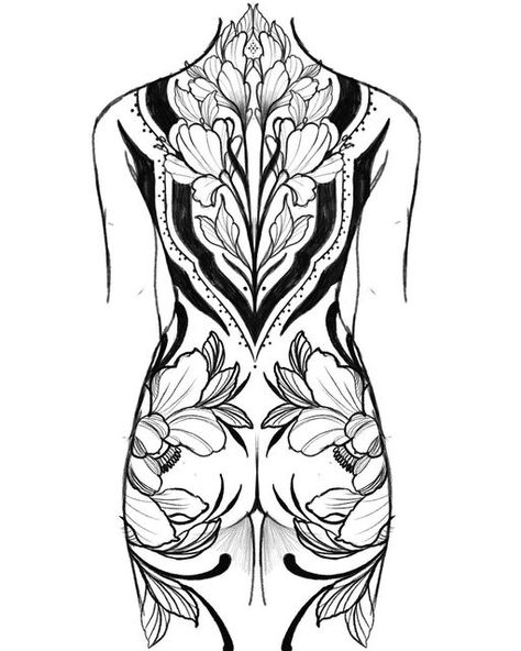 Leg Pieces Tattoo, Floral Ornamental Tattoo Back, Women Full Back Tattoo Ideas, Floral Backpiece Tattoo, Full Torso Tattoos For Women, Back And Buttock Tattoo, Back Tattoo Women Full Mandala, Full Back Tattoo Stencil, Back Tattoo Stencils For Women