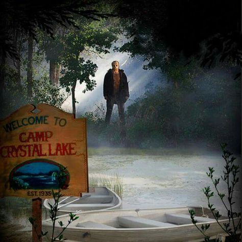 WELCOME TO CAMP CRISTAL LAKE Camping Drawing, Lake Tattoo, Happy Friday The 13th, Camp Crystal Lake, Lake Painting, Horror Movie Art, Halloween Painting, Crystal Lake, Animated Drawings