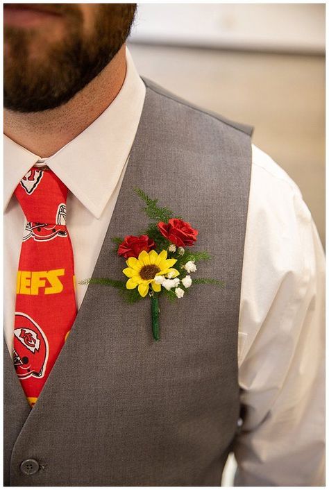 Kc Chiefs Wedding, Red Roses And Sunflower Wedding Theme, Kansas City Chiefs Wedding, Sunflower And Red Wedding, Red And Yellow Wedding Theme, Red And Yellow Wedding, Red Rose Boutonniere, Emerald Green Wedding Theme, Yellow Grey Weddings