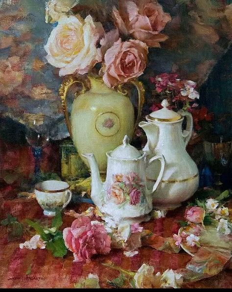 Victorian Still Life, Tea And Flowers, Raindrops And Roses, Australian Painters, Soyut Sanat Tabloları, Square Art, Still Life Art, Rose Painting, Ethereal Art