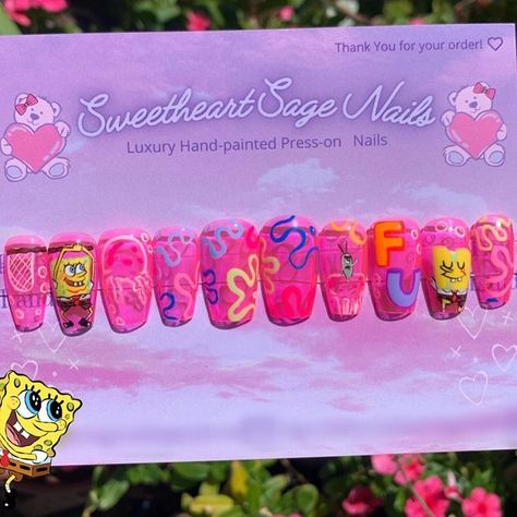 Spongebob Nail Art, Spongebob Nails, N Design, Custom Press On Nails, Painted Nail Art, Gel Liner, F U, Nickelodeon, Press On Nails