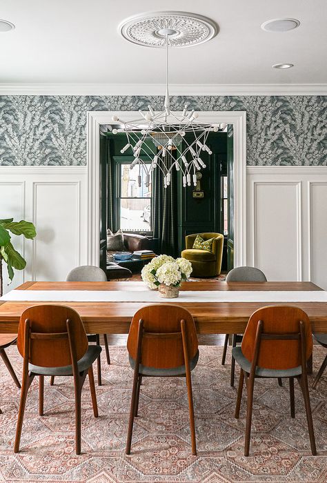 The Dining Room | Renovation Husbands Renovation Husbands, Dining Room Paneling, Bold Living Room, Dining Room Victorian, Dining Room Renovation, Dining Room Wainscoting, Dining Room Wallpaper, Island With Seating, Dining Room Inspiration