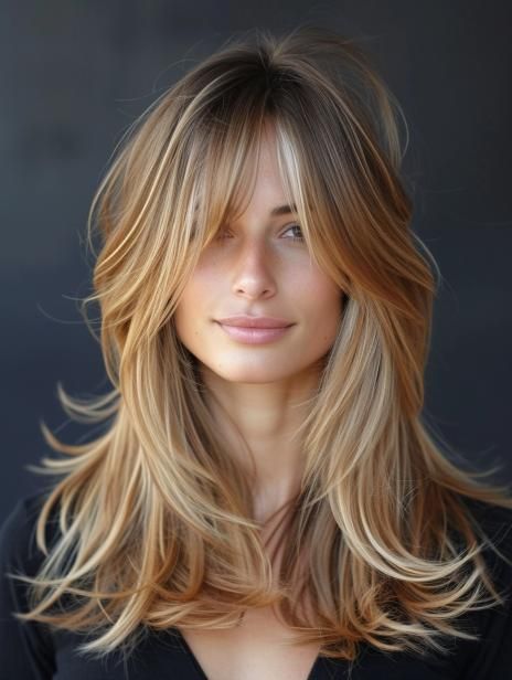 Long Shaggy Layers With Curtain Bangs, Messy Layers With Curtain Bangs, Blowout With Curtain Bangs Long Hair, Medium Length Haircut With Layers And Curtain Bangs Blonde, Long Hair Layered With Curtain Bangs, Long Layers Bangs Haircut, Curtain Bangs Long Shag, Long Hair With Curtain Bangs Round Face, Feathered Curtain Bangs Long Hair