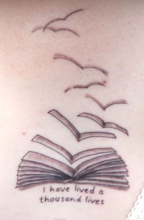 Book pages turning into birds, upper back Book With Pages Flying Out Tattoo, Turn The Page Tattoo, Book Page Tattoo, Dedication Tattoos, Book Dedication, Bookish Tattoos, Essential Oil Beauty, Turning Pages, Original Tattoos